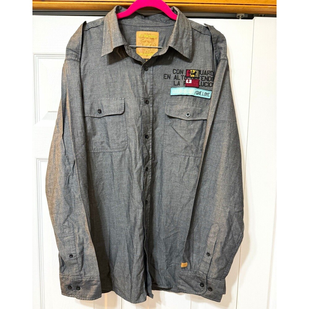 Live Mechanics Men’s XL Gray Chambray Cotton Button-Up Shirt Embroidered Patches